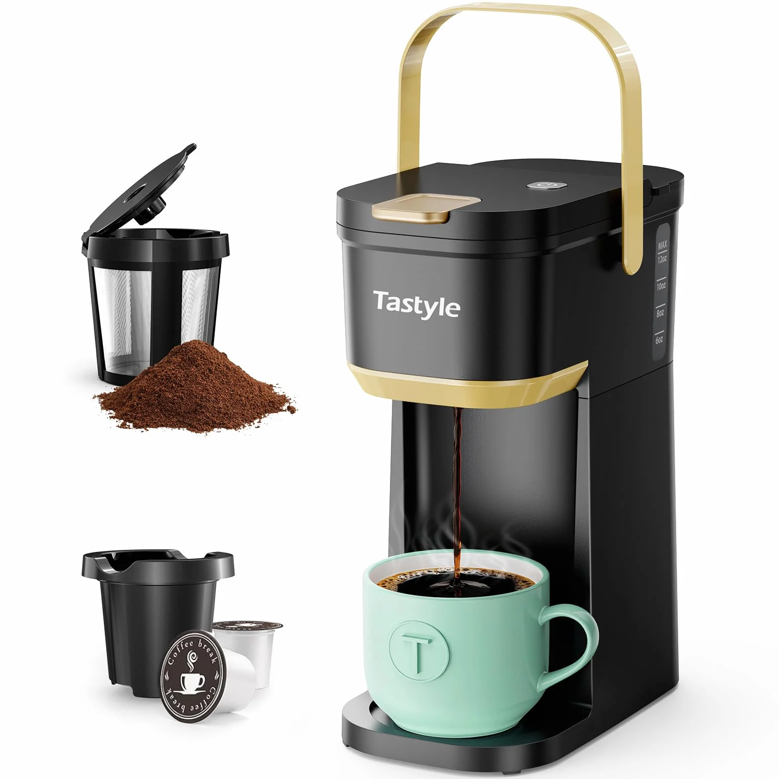 Tastyle Mini Single Serve Coffee Maker for K Pods and Grounds with Handle | for Travel, Camping, Office, RV and Dorm, Portable Handle, 120V, 6 to 12 Oz Brew Size, BPA Free, K302, Black and Gold