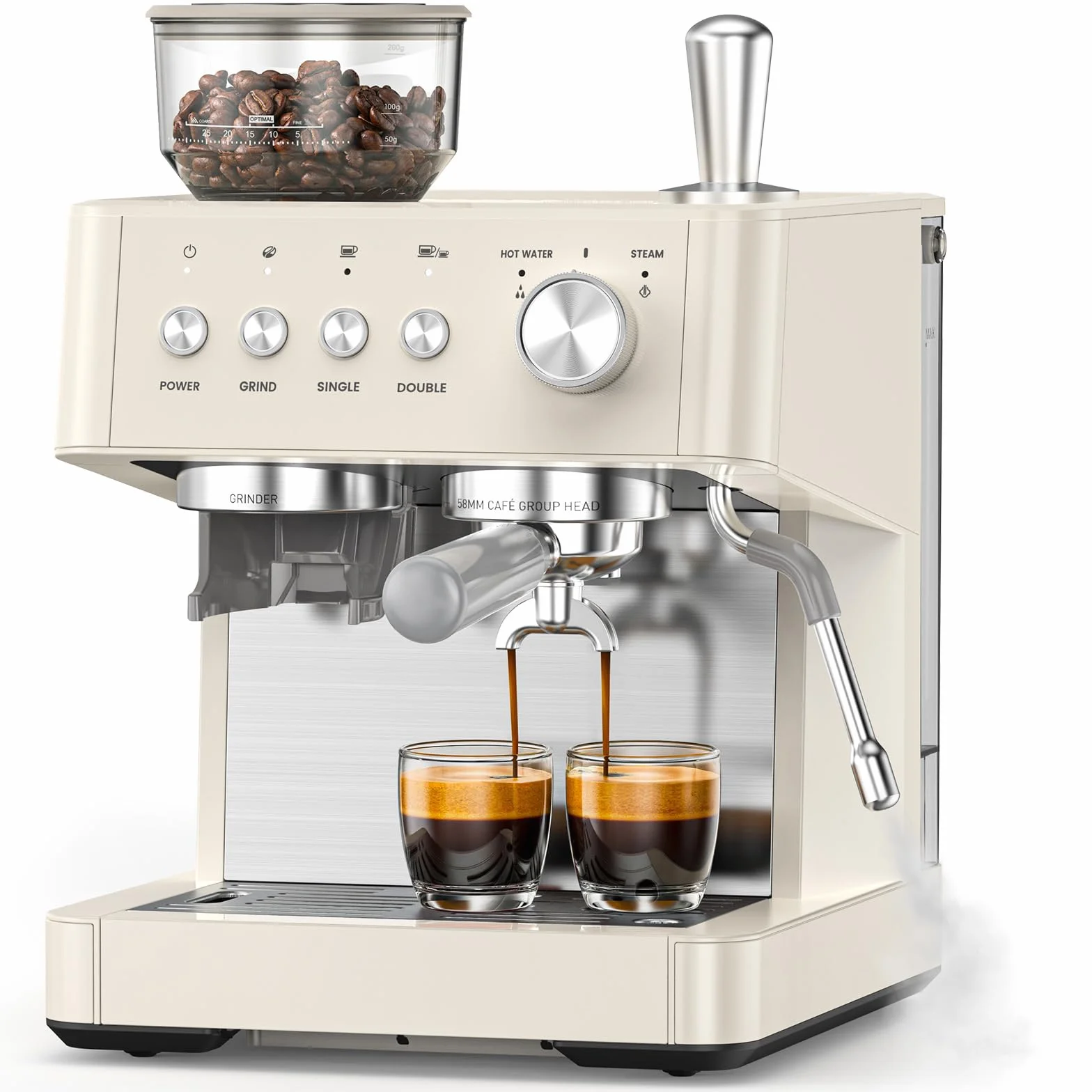 (2026 Upgrade) 15 Bar Espresso Machine with Built-in Anti-Clog Coffee Grinder, Expresso Coffee Machines with Milk Steam Wand/Frother/Tamping Tools,Espresso Maker with Grinder for Lattes-Almond